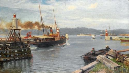 Nils Hansteen Fjordabat stevner ut Trondheim havn Norge oil painting art
